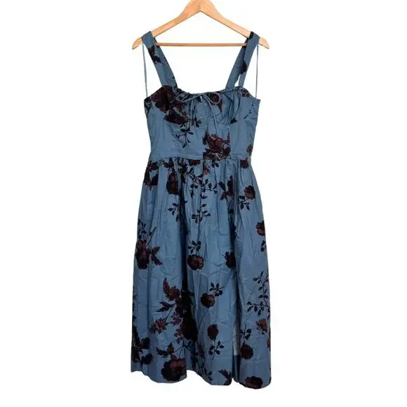 Free People Laters Baby Denim Blue Floral Midi Dress Storm Combo Size L Boho - Picture 4 of 9